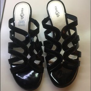 Black patten leather sandals